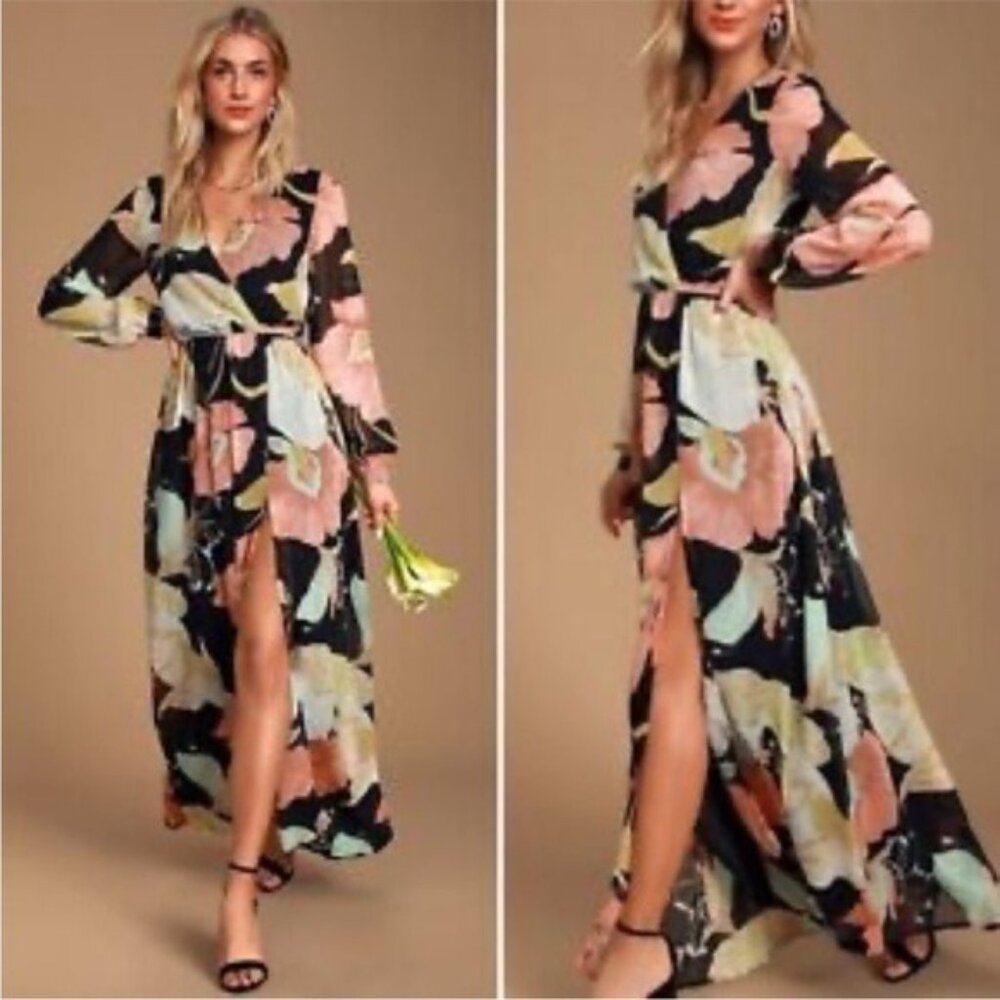 Lulus Wondrous Water Lilies black Floral Print Maxi Dress Xsmall